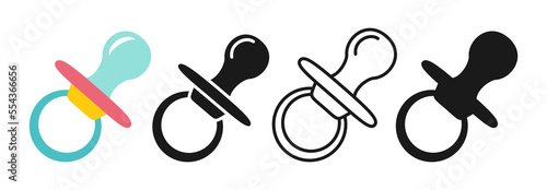 Baby pacifier cartoon icon set. Nipple symbol line or silhouette, cute simple collection. Relax toy of newborn child. Kids nursery accessory objects. Birthday child memory scrapbook kit vector