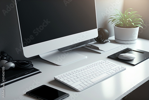 Modern office desk or home workstation with mock up of a laptop computer's white screen, wireless keyboard, and peripherals on a laptop stand. up close. Generative AI photo