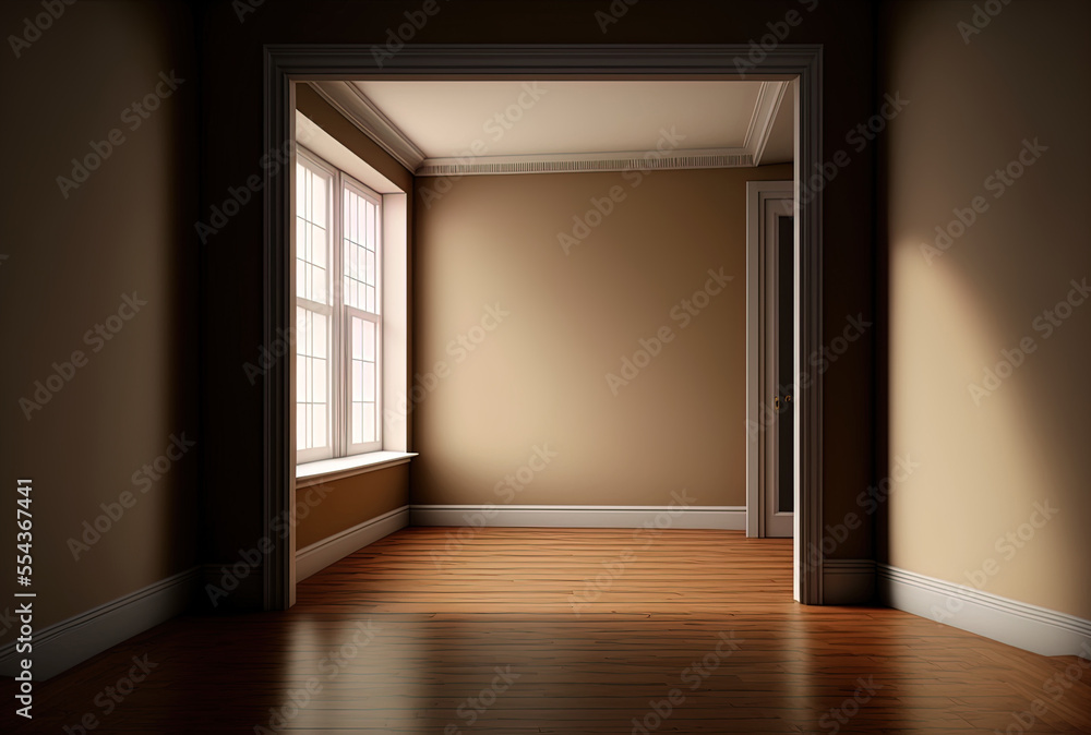 Obraz premium Vacant room with a light brown wall and a hardwood floor. Generative AI