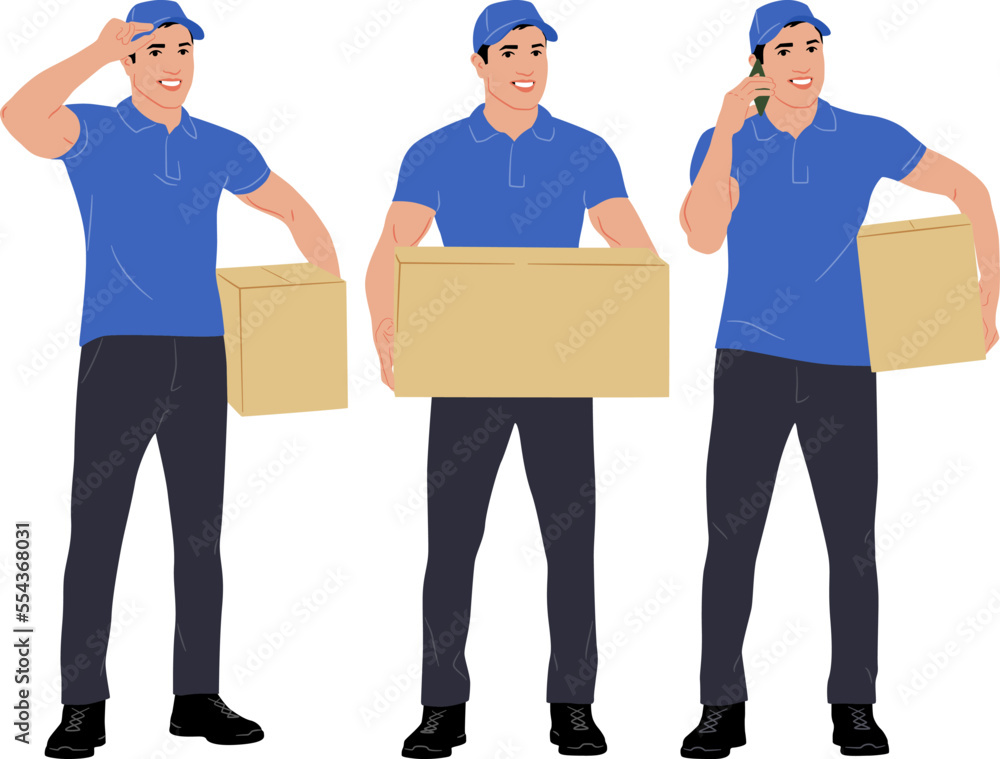 Set of hand-drawn worker with the package. Delivery guy is holding a cardboard box worker in different poses. Vector flat style illustration isolated on white. Full-length view