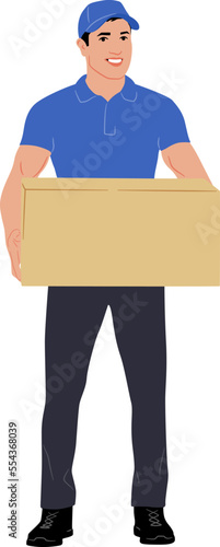 Hand-drawn worker with the package. Delivery guy is holding a cardboard box worker in different poses. Vector flat style illustration isolated on white. Full-length view 