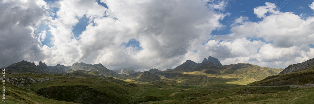Panorama of landscape at the Col du Pourtalet in the Pyrenees Mountains at the french and spanish border, Col du Pourtalet, Nouvelle-Aquitaine France