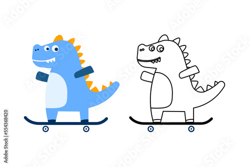 Coloring cute dino cartoon playing skateboard concept design illustration