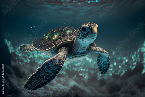 Baby Sea turtle swimming in the Ocean  Digital Illustration  Concept Art 