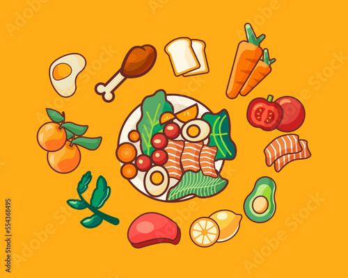 Fototapeta Naklejka Na Ścianę i Meble -  Healthy food, fruit and vegetables pack illustrations on plate