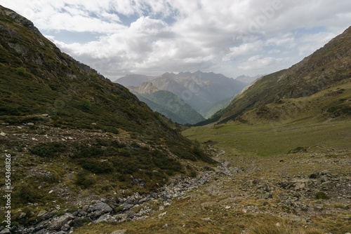 Beautiful pyrenees mountain landscape at Col de Lurien with hiking footpath on a beautiful autumn day, Artouste, Nouvelle-Aquitaine France