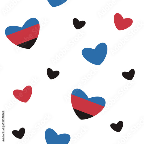 Hand-drawn seamless pattern with polyamorous flag hearts on white background. Polyamory, love diversity, LGBT and free relationships concept. Web or print background, raster design element. photo