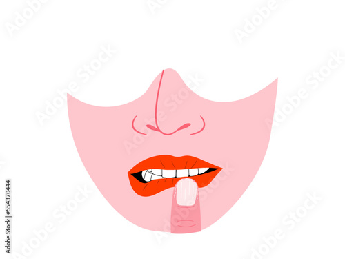 Isolated of human's face showing the lip and nail biting disorder, Body focused repetitive behaviors (BFRBs) symptom. Flat vector illustration.