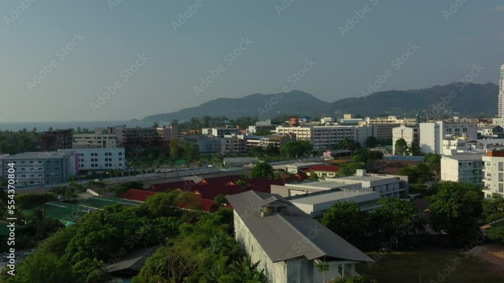 sunset time phuket island famous beach town aerial panorama 4k thailand sunset time phuket island famous beach town aerial panorama 4k thailand
