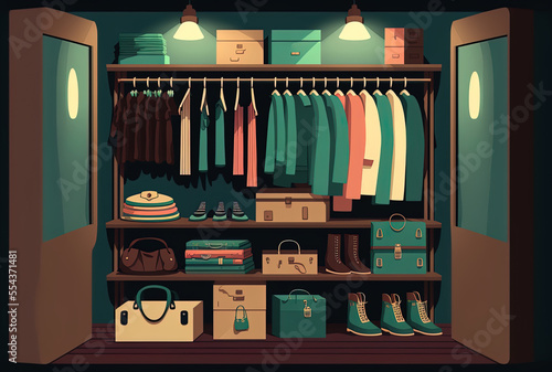 a large dressing area or closet with both male and female clothing. Dresses are hung on hooks, bags and crates contain shoes, and closet shelves have lights. a cartoon image. Generative AI