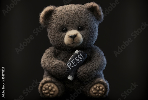 resist message on a black backdrop with a cute bear doll smoking a cigarette. Generative AI © 2rogan