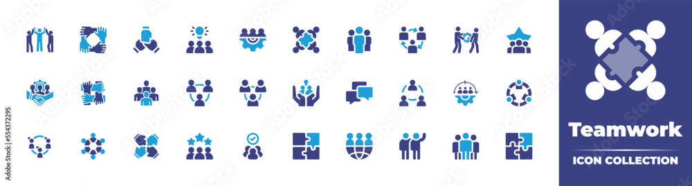 Teamwork icon collection. Duotone color. Vector illustration. Containing teamwork, idea, team, group, discuss, people, appraisal, world, puzzle, and more.