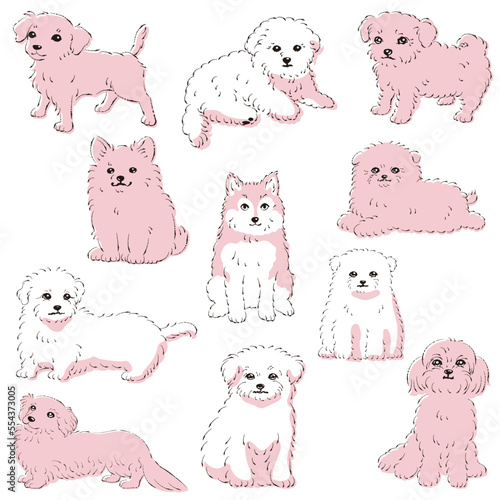 かわいい人気のミックス犬　手描き線画ベクターイラストセット