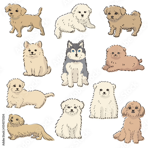 かわいい人気のミックス犬　手描き線画ベクターイラストセット
