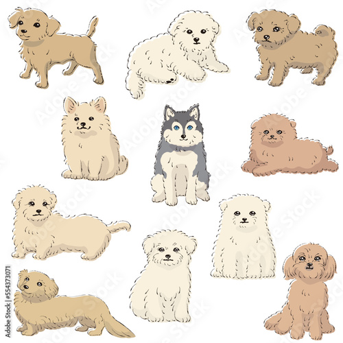 かわいい人気のミックス犬　手描き線画ベクターイラストセット