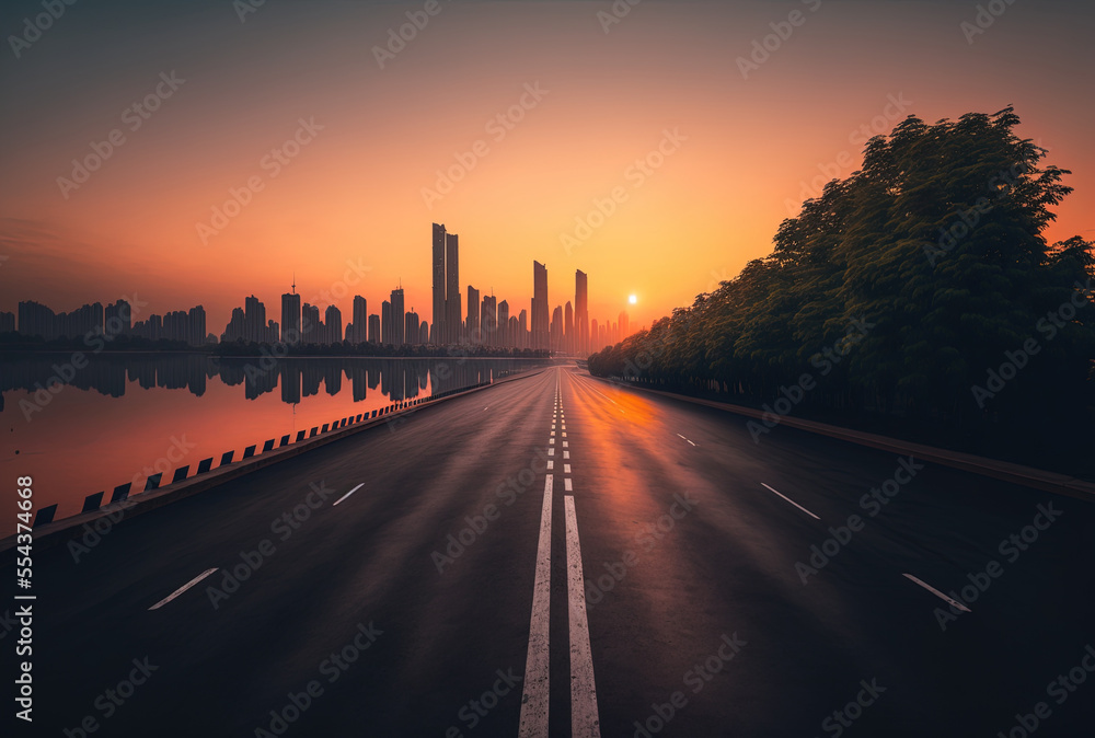 Conceptual Ai Generated Image (not actual) - Sunrise in Hangzhou with an empty asphalt road and the city skyline. Generative AI