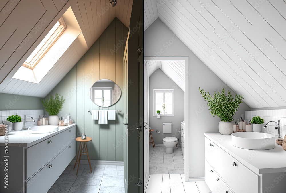 Before and after renovations to a small bathroom in an attic