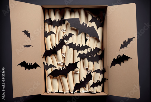 Sliced fingers in a carton with bats all around them. Generative AI photo