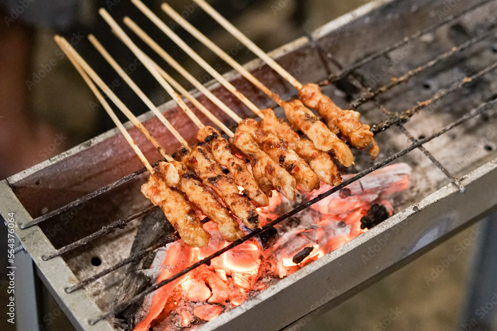 Sate ayam or chicken satay with charcoal ingredient on red fire charcoal grilling, cooking satay.