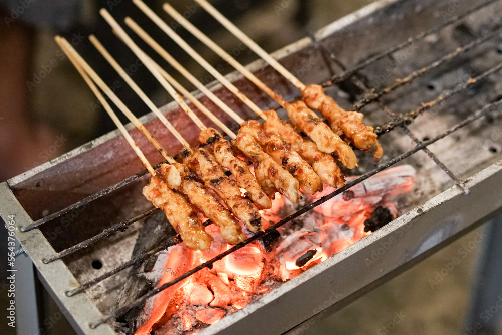Sate ayam or chicken satay with charcoal ingredient on red fire charcoal grilling, cooking satay. Sate ayam or chicken satay with charcoal ingredient on red fire charcoal grilling, cooking satay.