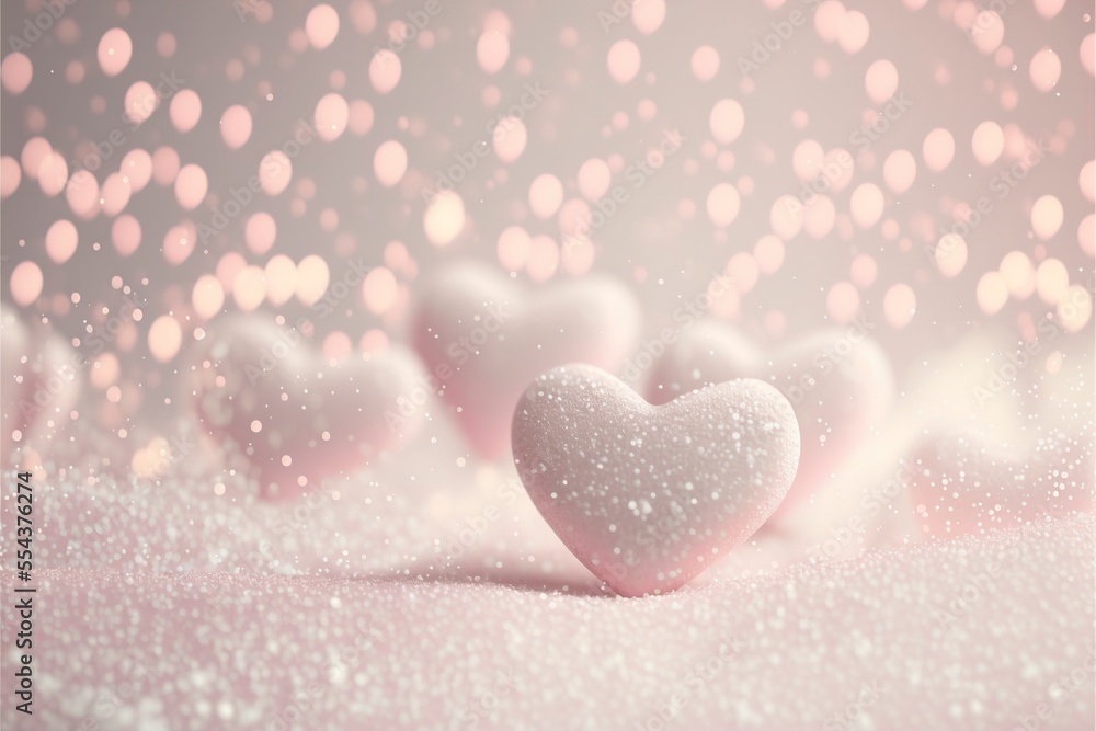 Obraz premium Very tiny Hearts bokeh lights, background with snow.
