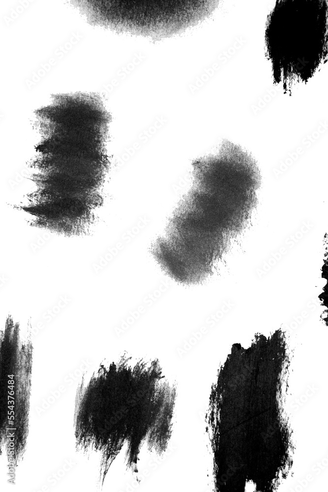 Black brush strokes oil paints on white paper. Isolated white background. Abstract art creative background. Space for text. Artist texture smears line painted brush black acrylic close-up. Copy space Black brush strokes oil paints on white paper. Isolated white background. Abstract art creative background. Space for text. Artist texture smears line painted brush black acrylic close-up. Copy space