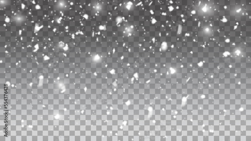 Vector illustration. Winter overlay for use on dark backgrounds. Snowfall. Blizzard. Frost. Snowy top background. Template for wallpapers, web pages, posters. Snow storm concept. Freezing glass