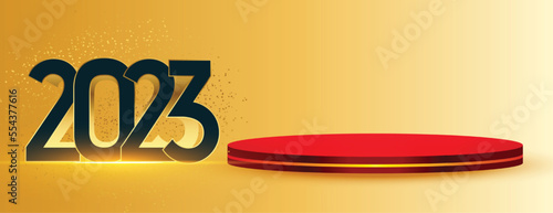 2023 new year golden banner with 3d podium platform