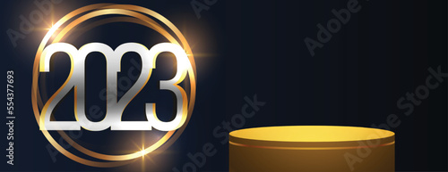 2023 new year banner with shiny frame and 3d podium