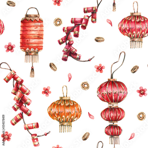 Traditional Chinese crackers  lanterns seamless pattern in sketch style. Chinese New Year background. Red Chinese lanterns and crackers  golden coins watercolor illustration.