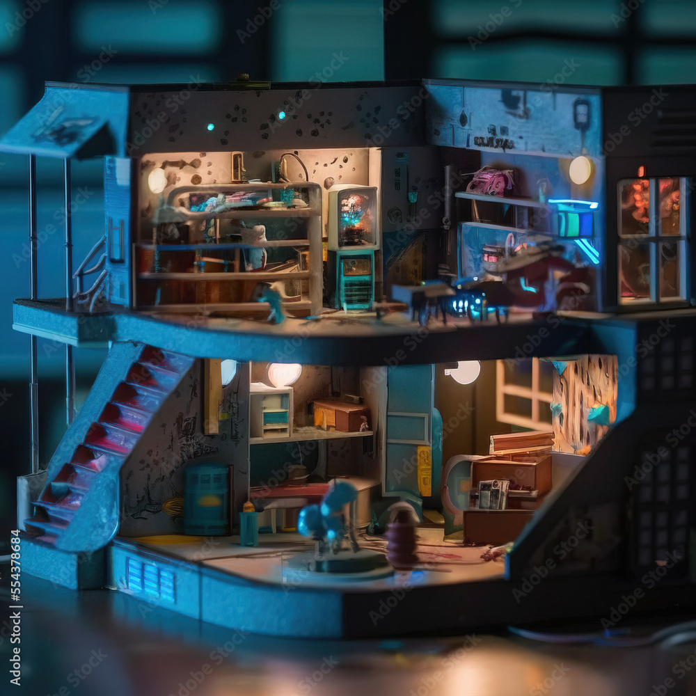 Miniature Interior of Futuristic Cyberpunk House Diorama with cute furniture and toys post production 3d digital illustration Generative AI tech Stock illustration