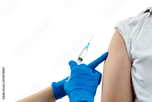 Doctor vaccinating for a man on white background