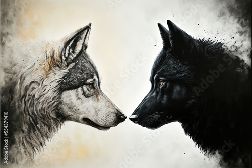 Ai generated illustration of a two wolf, black wolf and white wolf