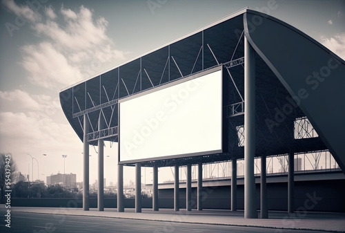 Building backdrop and mock up of a billboard. Template of a blank city banner placeholder, a poster, and an empty outdoor information billboard for a stadium with a roof. Generative AI