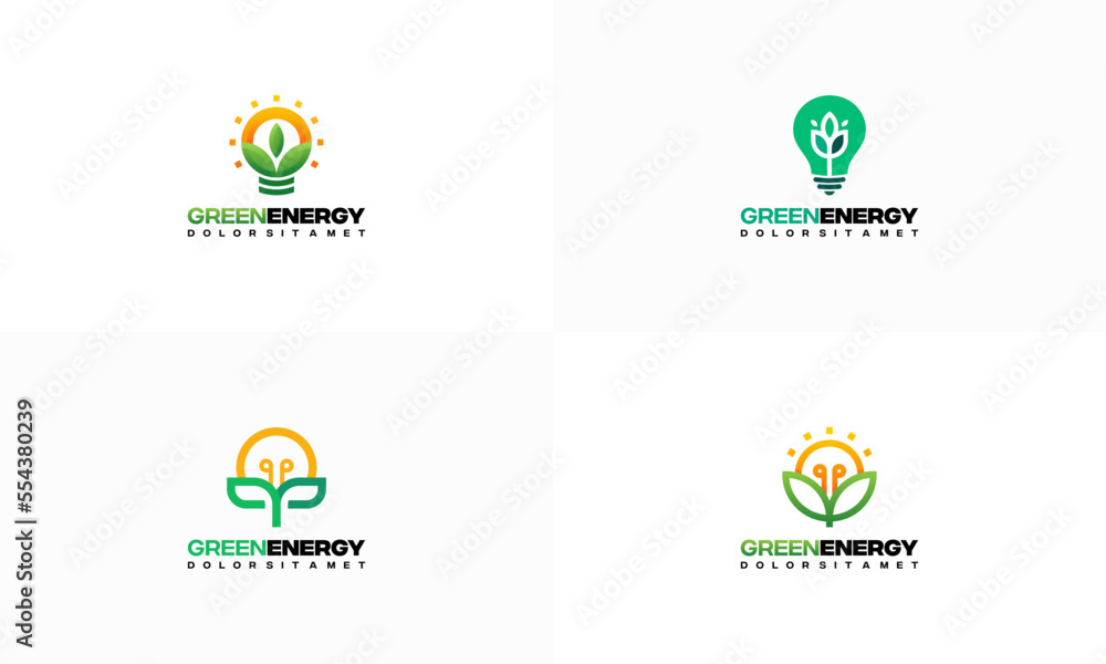 Set of Green Energy Logo designs concept vector, Leaf and Lightbulb logo template