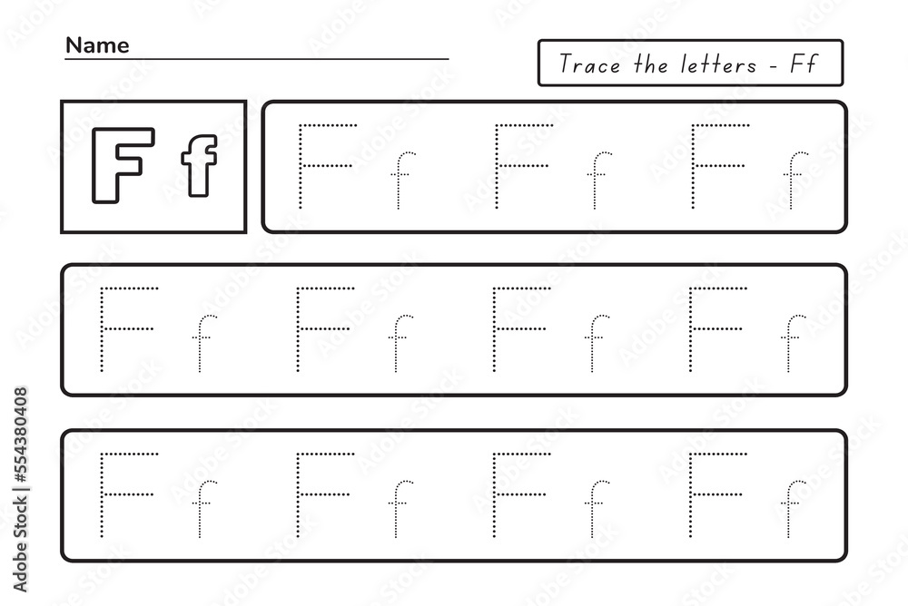 Trace letters f. uppercase and lowercase. Alphabet tracing practice preschool worksheet for kids learning English. Activity page for Pre-K, kindergarten. Vector illustration Trace letters f. uppercase and lowercase. Alphabet tracing practice preschool worksheet for kids learning English. Activity page for Pre-K, kindergarten. Vector illustration