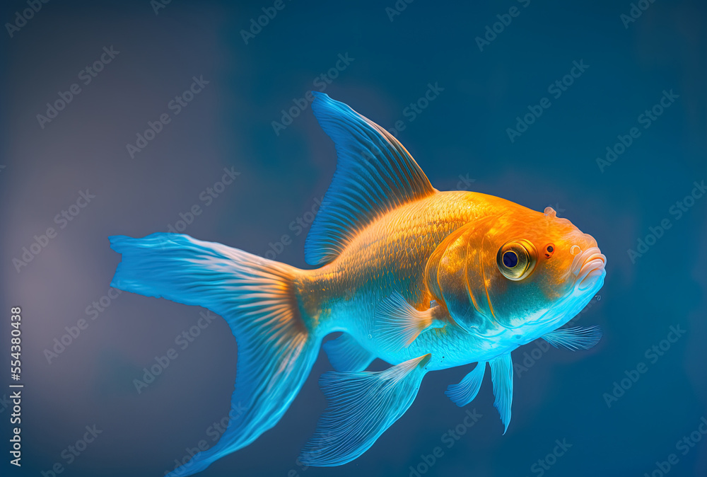 A goldfish in a tank of water on a blue backdrop. taken using a 5D Mark III in a studio. Generative AI