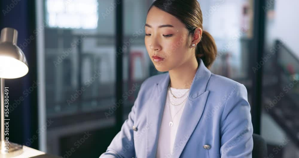 Business woman, night office and working on data analysis, research and reading email at corporate company. Face of young entrepreneur doing internet search for planning of schedule and deadline Business woman, night office and working on data analysis, research and reading email at corporate company. Face of young entrepreneur doing internet search for planning of schedule and deadline