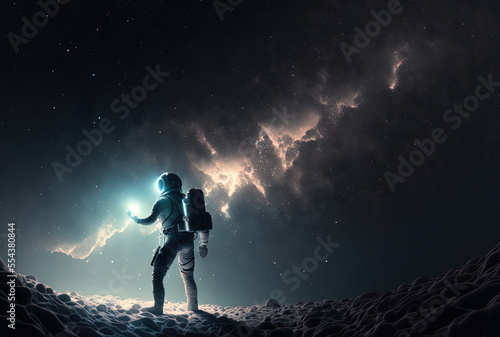 Astronaut illuminates the stunning night sky with a spotlight. Generative AI