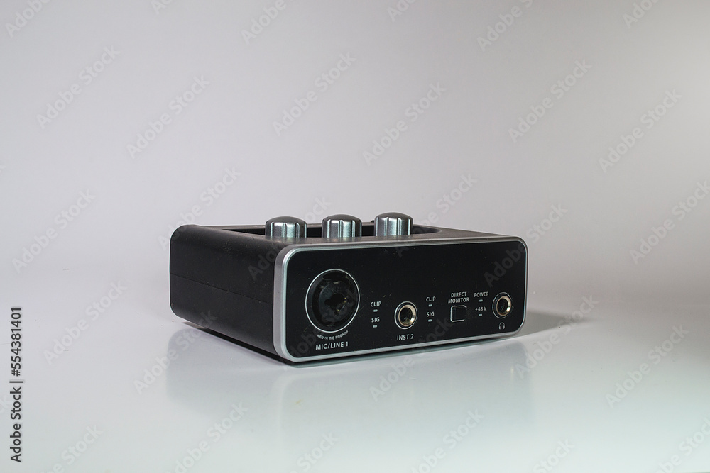 Audio interface. Electronic mini-component. White background. product Audio interface. Electronic mini-component. White background. product