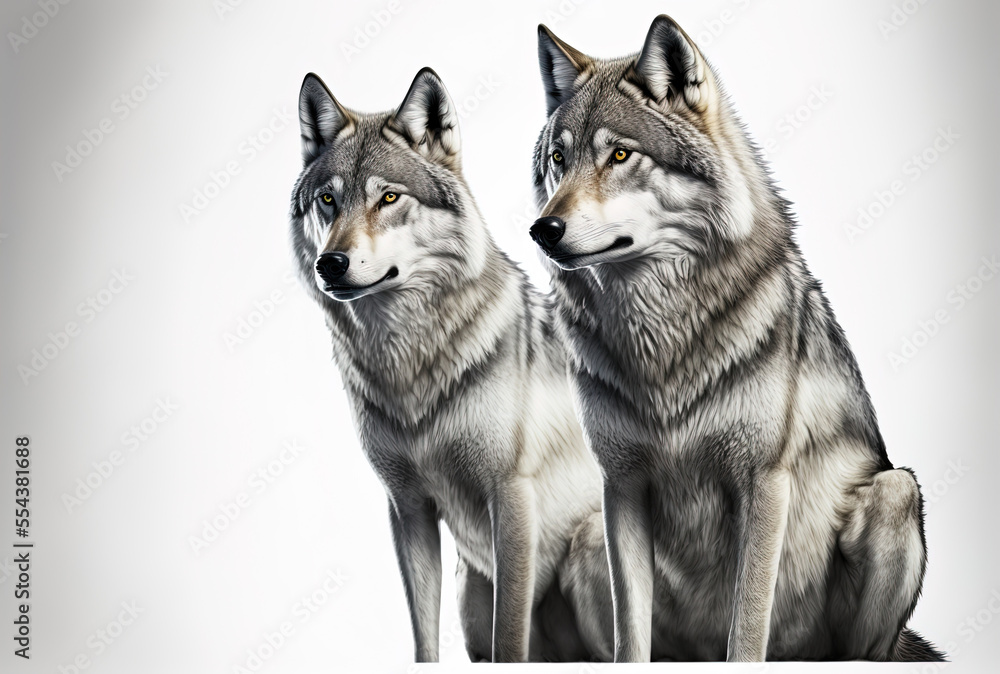Obraz premium Wolves in gray, isolated on a white backdrop. Generative AI