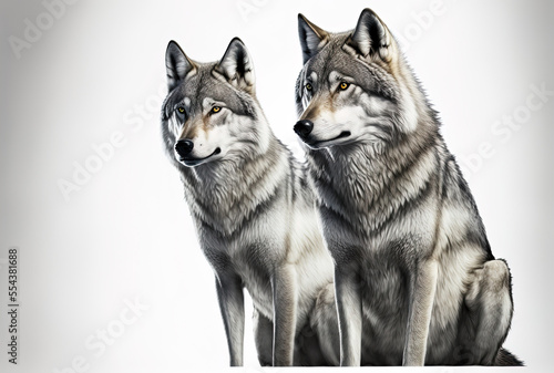 Wolves in gray, isolated on a white backdrop. Generative AI