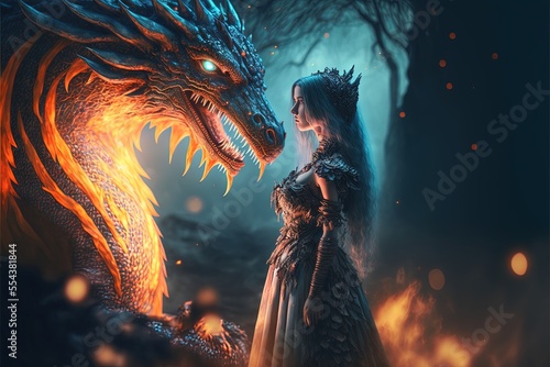 Ai generated illustration of an photographic of an 3D render fantasy dragon and a girl