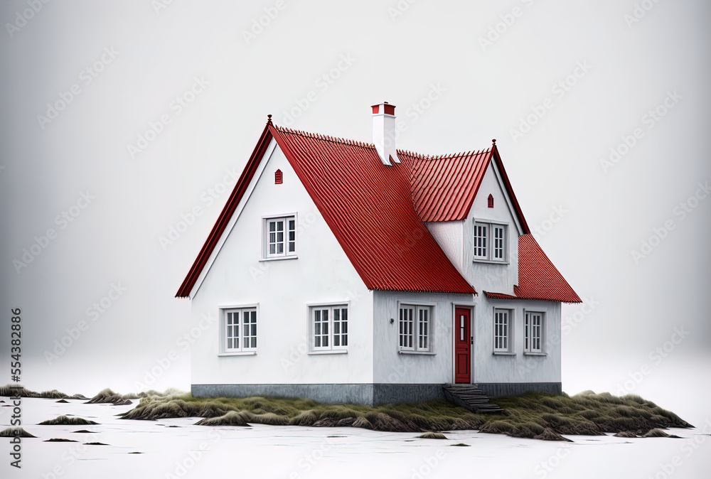 Red roofed house in white on a white background. Generative AI