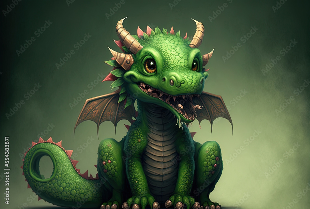cartoon of a cute green dragon. Generative AI