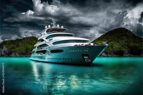 Luxury Yacht at the Caribbean on Vacation with a beautiful environment with sea, islands, forest, and mountains