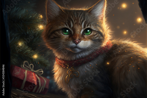 Christmas Cat holiday card style photorealistic painting of tabby kitten next to lit tree Generative AI