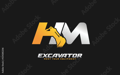 HM logo excavator for construction company. Heavy equipment template vector illustration for your brand.