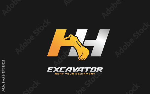 HH logo excavator for construction company. Heavy equipment template vector illustration for your brand.