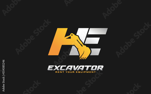 HE logo excavator for construction company. Heavy equipment template vector illustration for your brand.